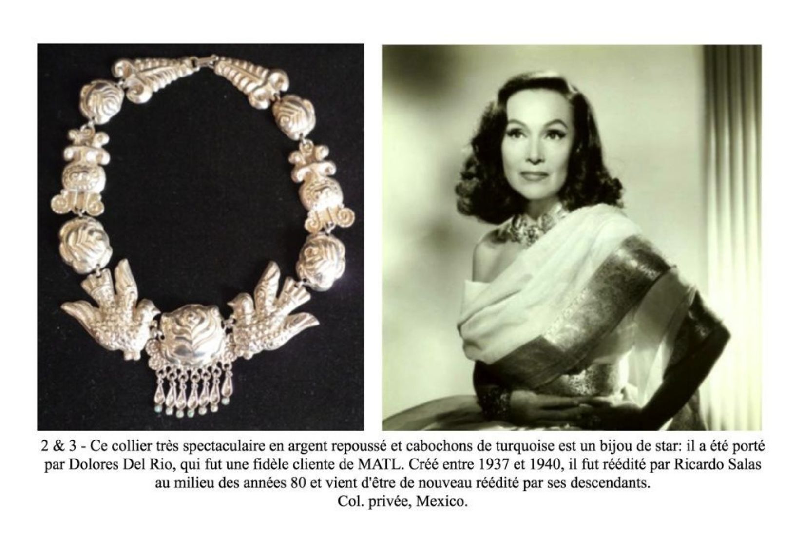 Collar de palomas. Plata repujada. Fue propiedad de Dolores del Río. Artesanos MATL. CDMX. Entre 1937-1940.  Col. Privada.