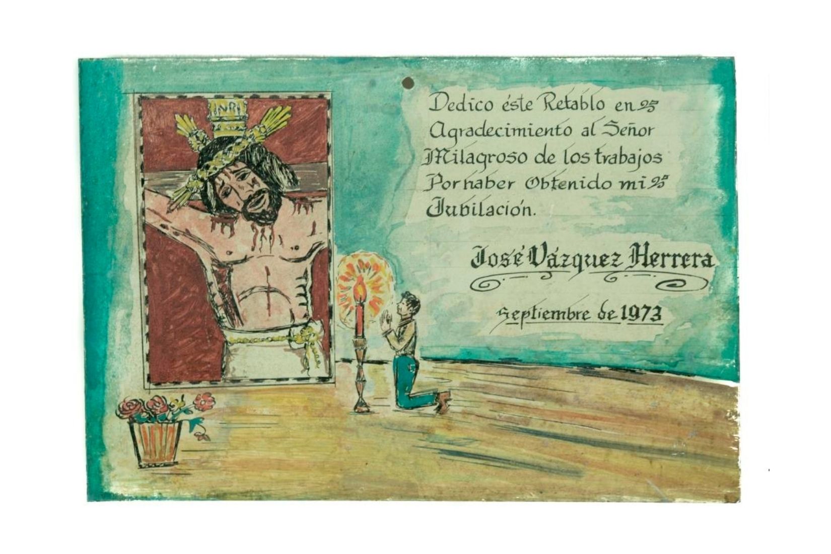 Exvoto al Señor de los Trabajos. Acrílico sobre lámina. Ofrecido por José Vázquez Herrera. SLP. 1973. Col. María Teresa Pomar. (Foto: EKV).