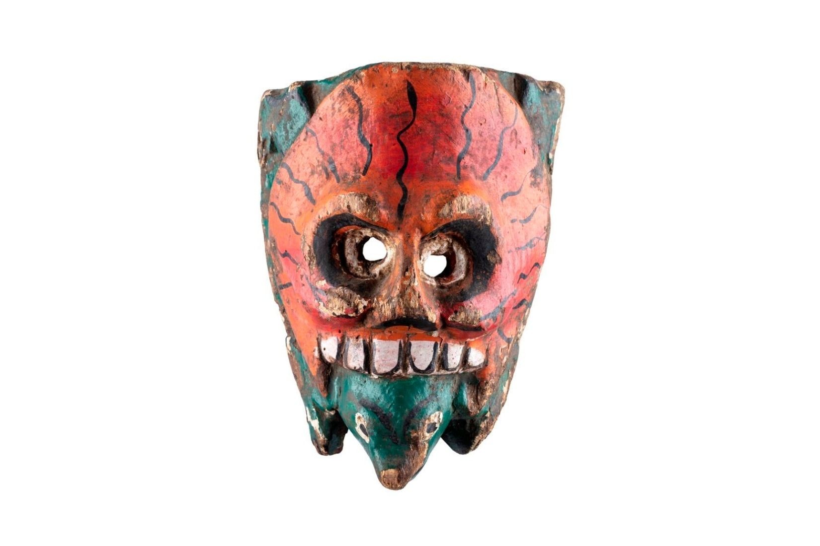 Máscara de diablo para Carnaval de la Huasteca, madera tallada y policromada. Artesano desconocido. Hidalgo y Veracruz. Col. Miguel Abruch. (Foto: GLR Estudio).