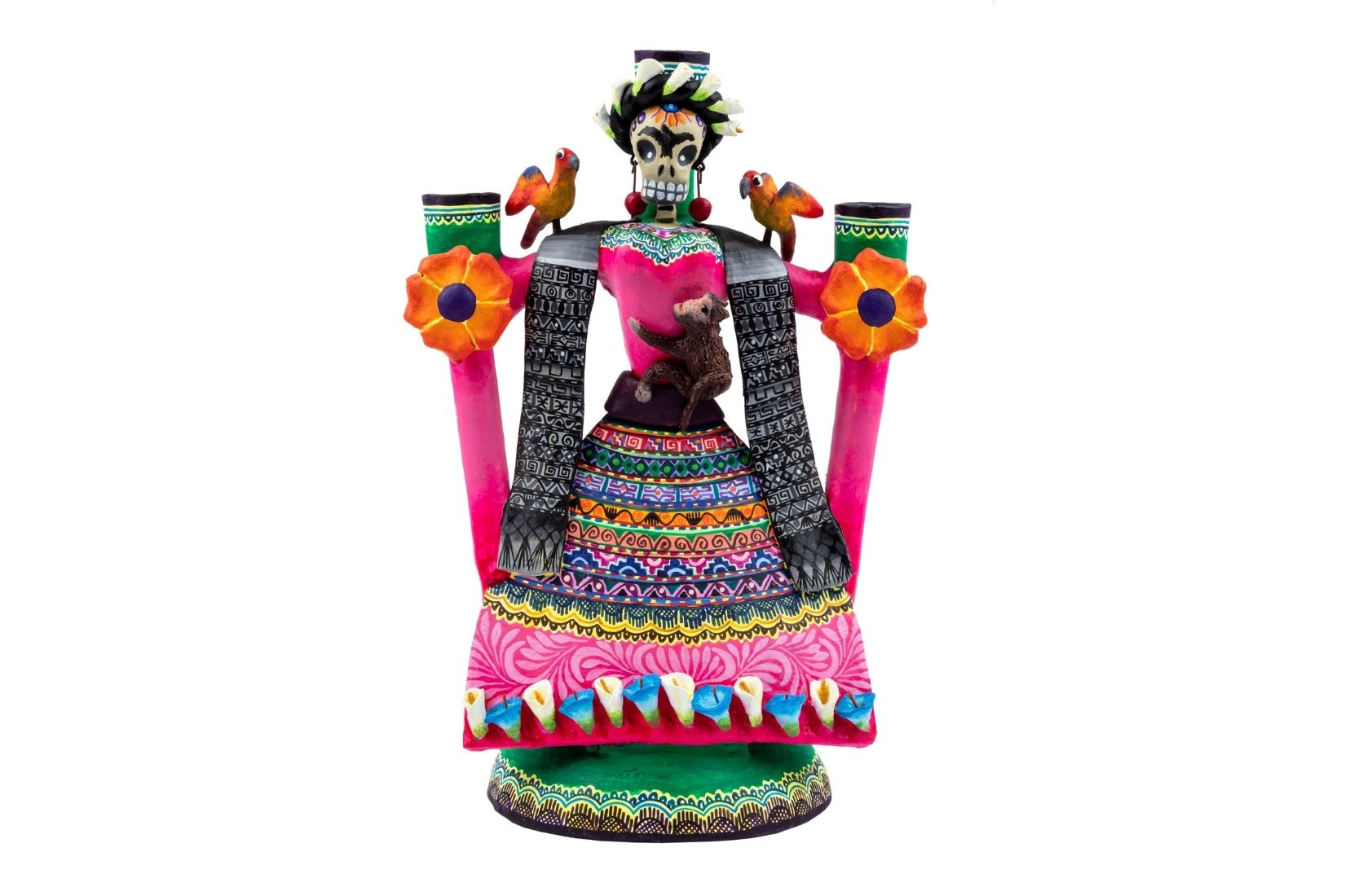 Catrina "Frida" con pájaros, flores y rebozo. Barro policromado. Artesano Cllart. Izúcar de Matamoros, Pue. Col. Miguel Abruch. (Foto: GLR Estudio).