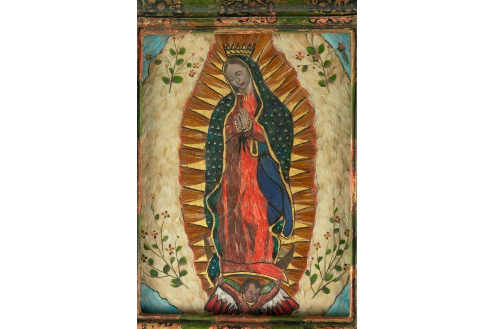 Virgen de Guadalupe en arte plumario. Artesano Francisco García de la Torre. Procedencia desconocida. Col. Marie Thérèse Hermand de Arango. (Foto: EKV).