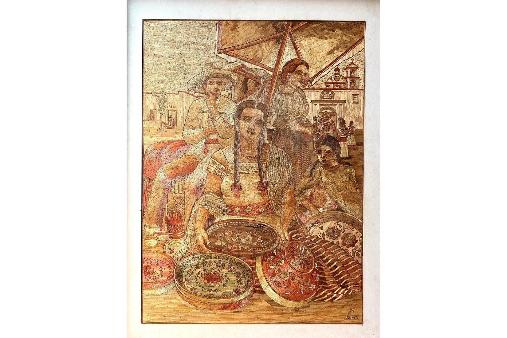 Vendedora de bateas. Popotillo natural y pintado. Artesano Guillermo Olay. Tlalpujahua, Mich. Col. Instituto del Artesano Michoacano.