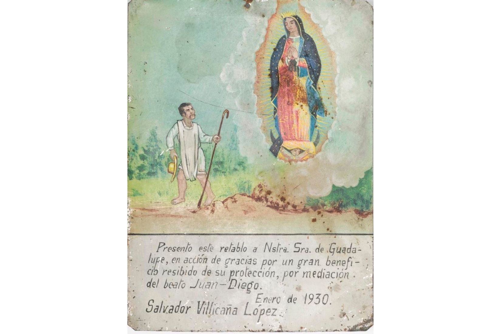 Exvoto a la Virgen de Guadalupe. Óleo sobre lámina. Ofrecido por Salvador Villacaña López. Procedencia desconocida. 1930. Col. Marie Thérèse Hermand de Arango. (Foto: EKV).