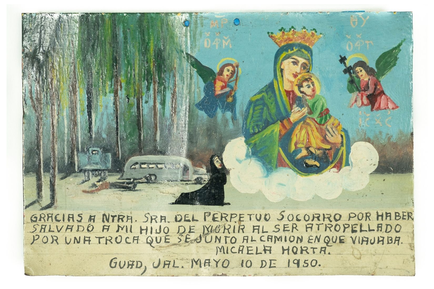 Exvoto a Nuestra Señora del Perpetuo Socorro. Ofrecido por Micaela Horta. Guadalajara, Jal. 1950. Donante Josefina F. de Newman. Col. AmigosMAP. (Foto: EKV).