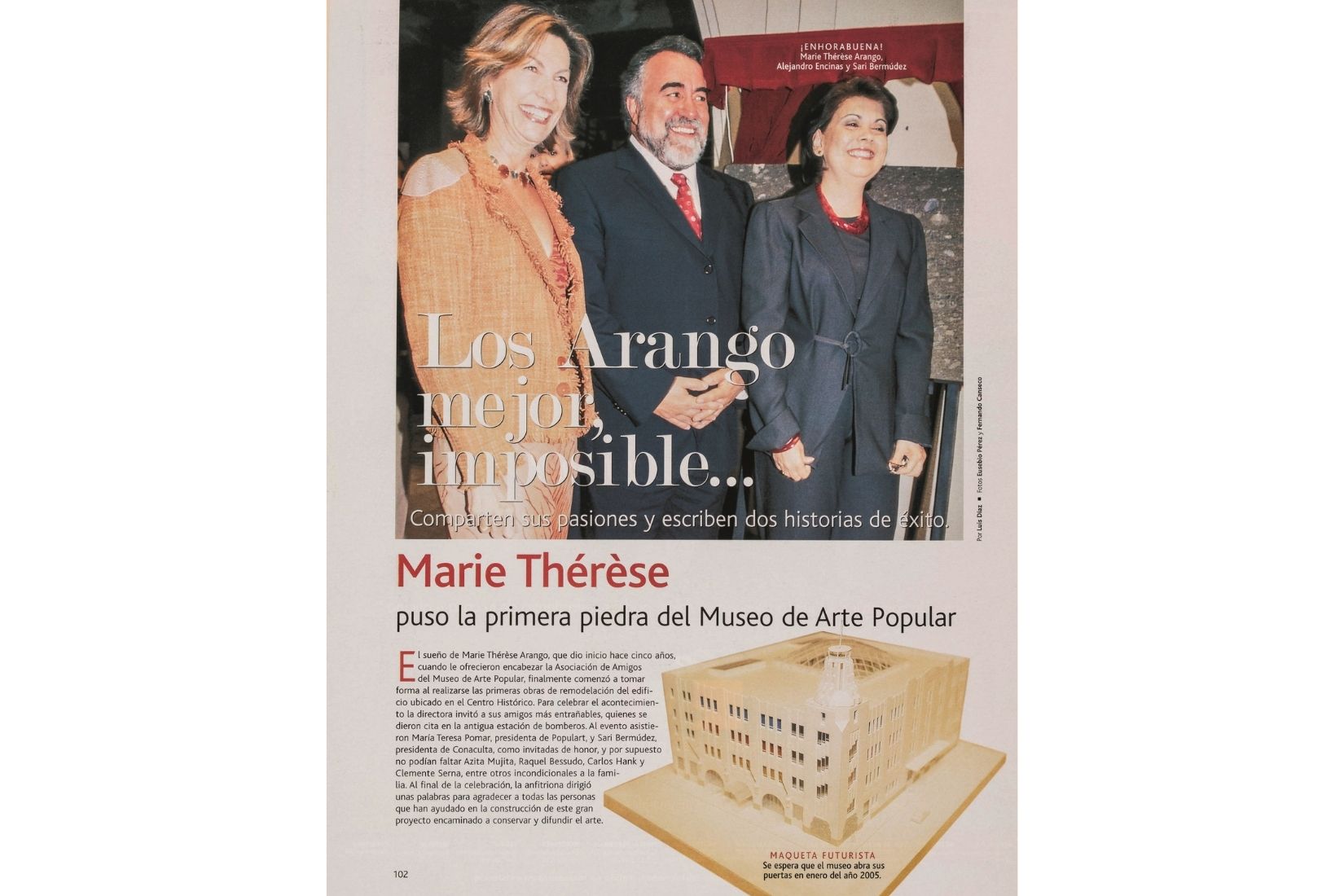 Portada primera piedra del Museo de Arte Popular con Marie Thérèse Hermand de Arango, Alejandro Encinas y Sari Bermúdez. (Foto: Eusebio Pérez y Fernando Canseco).