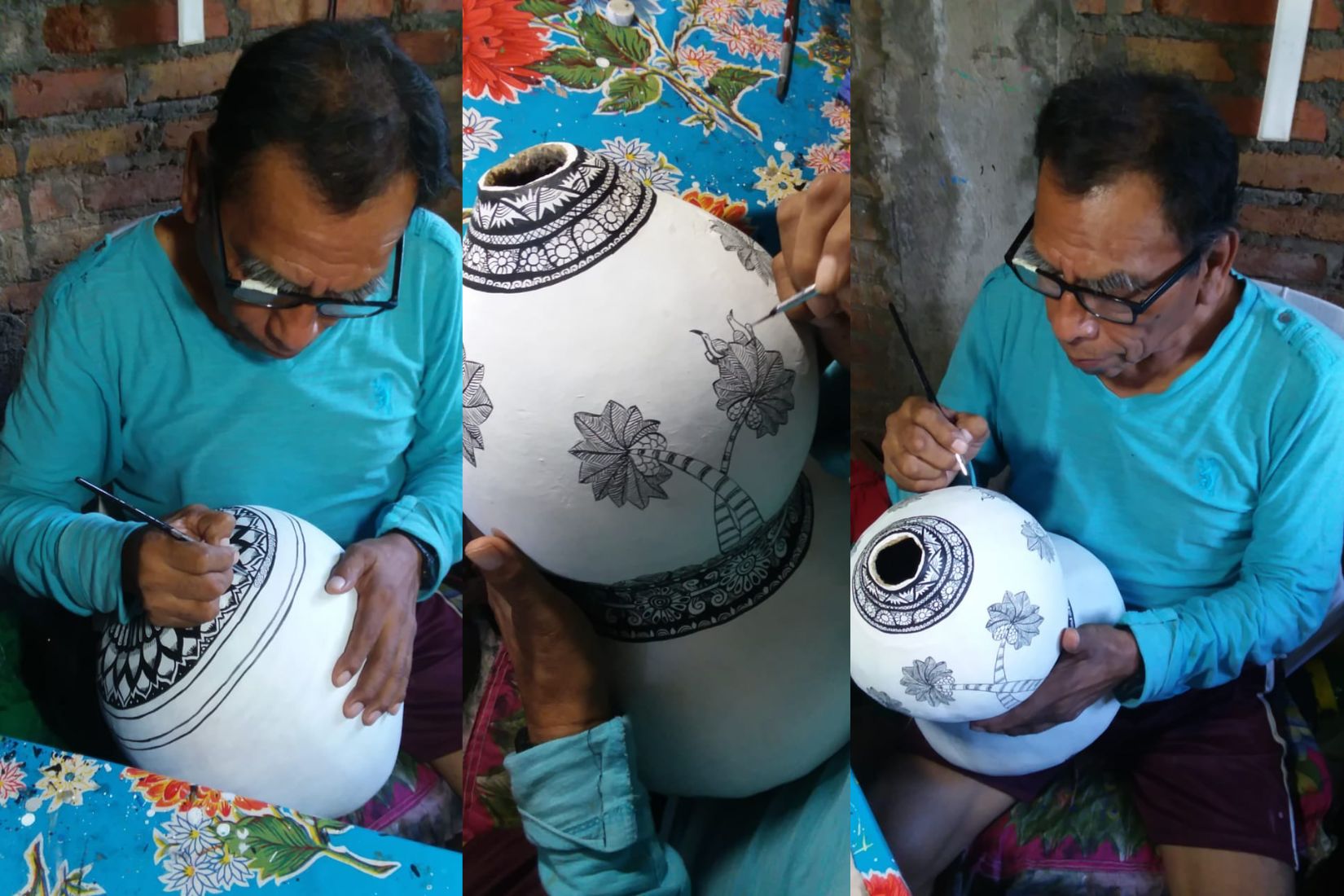 Tito Rutilo en proceso de elaboración de un bule pintado.