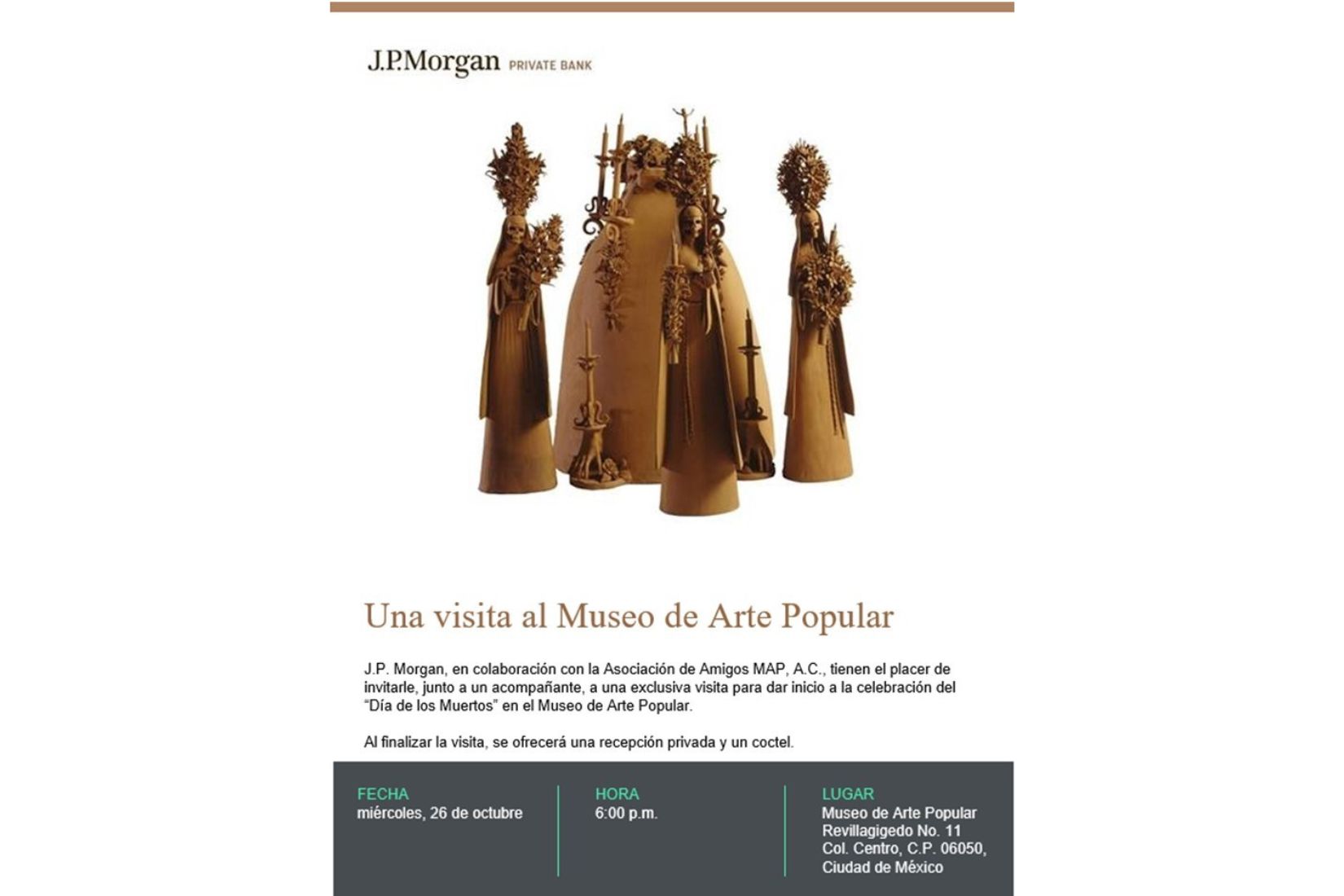 Invitación para evento de JP Morgan en el Museo de Arte Popular.
