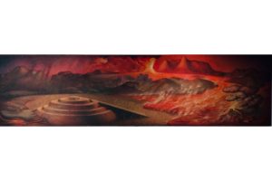 Jorge González Camarena (Jalisco, 1908 - México, 1980), La erupción del volcán Xitle.1947. Óleo y cera sobre tabla, 0,98 m x 3,70 m. Museo de Sitio de Cuicuilco, foto Horacio Cadzsco.
