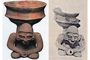 El dios del fuego, primera figura conocida de Huehueteotl, el Dios Viejo. Cuicuilco, Preclásico tardío (- 300 a. C.?). Cerámica, 12 x 6,8 cm. México, Museo Nacional de Antropología. Esta preciosa figurita fue descubierta durante las primeras excavaciones de 1922-1925. La parte derecha del brasero ha sido reconstruida (la foto de la derecha fue tomada cuando se descubrió en 1925).
