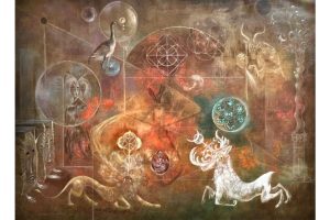 19.- Leonora Carrington (1917-2011), La quema de  Giordano Bruno (La ejecución en la hoguera de Giordano Bruno). Óleo sobre lienzo, 1964. Colección particular. La obra transforma el suplicio en la hoguera del filósofo y cosmólogo italiano del siglo XVI Giordano Bruno en un rito de transformación y no de aniquilación. Carrington reinterpreta el fuego como energía alquímica. Así, la escena no representa la muerte de Bruno, sino su paso a otro plano. En el centro, un remolino de luz y personajes simboliza la apoteosis del conocimiento y la disolución de las fronteras entre el arte, la magia y la filosofía. Se trata, por tanto, de la glorificación del mago-artista que desea conocer el cosmos y transformarlo.