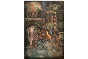 17.- Leonora Carrington (1917-2011), Occult Scene (Jacob's Ladder) - Escena oculta (La escalera de Jacob). Óleo sobre lienzo, 1955. Colección de John y Sandy Fox. Según el libro del Génesis, la escalera de Jacob unía el mundo terrenal con el reino de Dios. Sin embargo, Carrington no representa la escena bíblica de forma tradicional con ángeles descendiendo del cielo; propone una reinterpretación sutilmente herética del encuentro entre los dos mundos, poblados de aves, insectos y seres antropomórficos que parecen inmersos en una sacra conversazione ante un templo salomónico. Si se tiene en cuenta la afición de Carrington por las referencias biográficas ocultas, cabe señalar que la vivienda que la artista había compartido con Max Ernst en París, veinte años antes de esta obra, se encontraba precisamente en la calle Jacob.