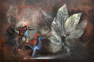 20.- Leonora Carrington (1917-2011), Snake Bike Floripondio (Serpiente, bicicleta y trompeta de los ángeles). Óleo sobre lienzo, 1975. Colección Pérez Simón. 