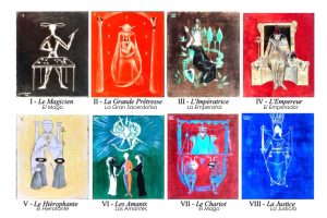 14.- Leonora Carrington (1917-2011), Arcanos Mayores. Las ocho primeras cartas. Años 50 (edición facsímil, 2024). Colección particular.