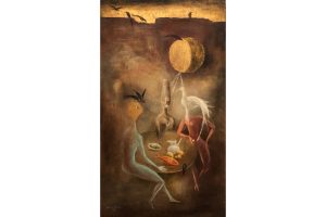 16.- Leonora Carrington (1917-2011), Tres mujeres y cuervos en la mesa. Óleo sobre tabla, 1951. Colección particular. 