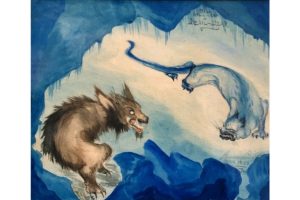 2.- Leonora Carrington (1917-2011), <em>Blue Hell-Cat & Devil-Bear (La gata infernal azul y el oso demoníaco)</em>. Berna, enero de 1933. Acuarela, grafito y tinta sobre papel. De la serie Sisters of the Moon, realizada en 1932-1933 en Florencia, Suiza e Inglaterra. Colección particular.
