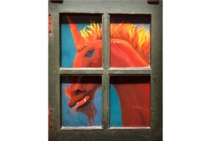 6.- Leonora Carrington (1917-2011), <em>El unicornio</em>. Ventana en Saint-Martin-d'Ardeche. Pintura bajo vidrio, 1938. Colección particular.