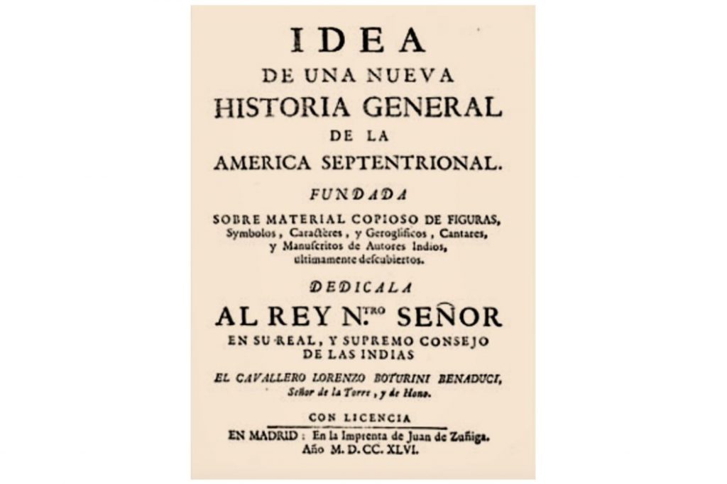 4 - Portada de la «Idea» de Boturini, publicada en Madrid en 1746. Por supuesto, con este título el autor se refería a una «historia prehispánica del México central».