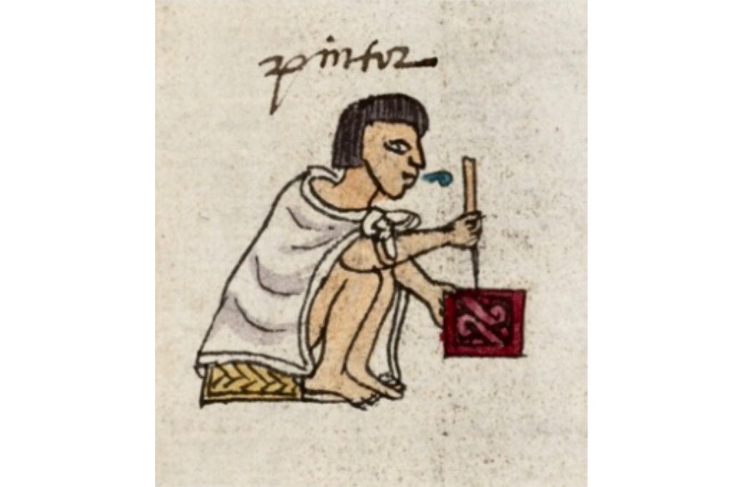 7 - Pintor (Tlacuilo), pintor y escriba mexica. Pigmentos sobre papel, hacia 1541-1542. Códice Mendoza, fol. 70, detalle. Bibliotecas Bodleianas, Universidad de Oxford. El nombre de un tlacuilo indígena, Francisco Gualpuyohualcal, se asocia a la realización de este códice.
