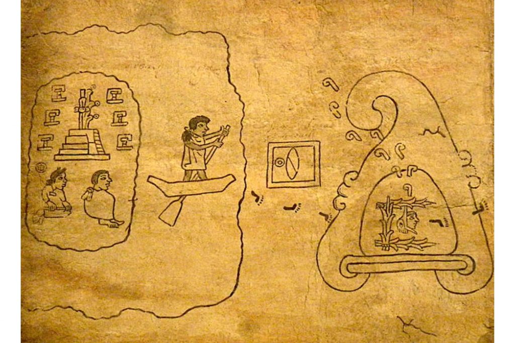 6 - Primera página del Códice Boturini, Salida de los aztecas de su legendario lugar de origen, Aztlán. Las huellas de los pies indican el sentido de la narración y un glifo indica el año: «1 - Silex»..