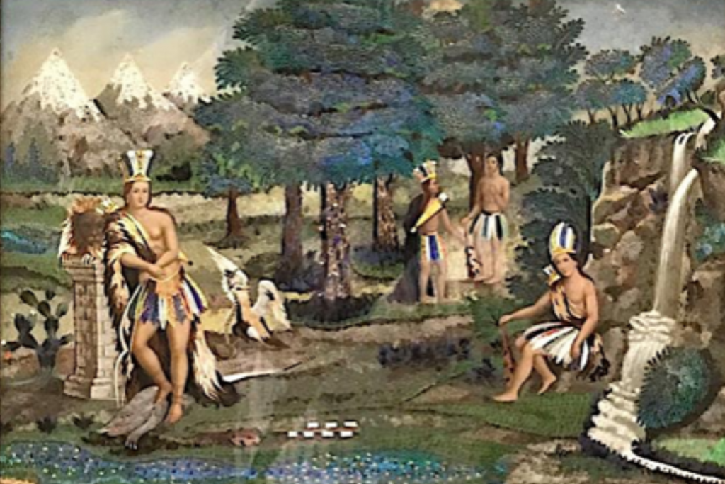 7 - Mónico Guzmán Álvarez (México, entre 1836 y 1895), Alegoría de América. Mosaico de plumas (colibrí, mirlo azul, canario, gorrión y pato) y óleo sobre lámina de zinc. México, 1846. Museo Soumaya. Foto: G. Fontaine, 2020.