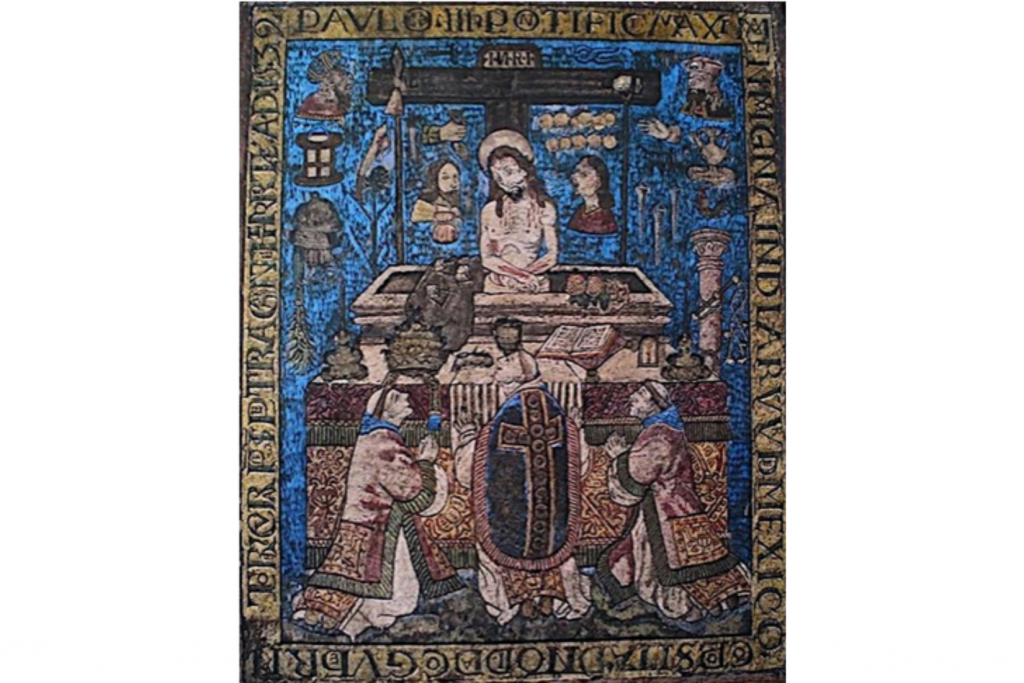 4 - La Misa de San Gregorio. Mosaico de plumas (cotinga, quetzal, colibrí...) sobre soporte de madera, 68 x 56 cm. México, «compuesta bajo la dirección de Pierre de Gand, AD (anno domini) 1539». Conservada en Francia, en el Museo de las Américas de Auch, es una de las primeras obras realizadas por los amantecas para las autoridades católicas de Nueva España y la más antigua que se conserva; tal vez se inspire en un grabado de Israhel van Meckenem (ca. 1440-1503). El franciscano flamenco Pierre de Gand (1480-1572) fue uno de los tres primeros religiosos españoles que llegaron a la colonia ya en 1523; protector de los indígenas, fundó hacia 1527 la escuela de San José de Los Naturales, la primera en enseñar tanto las letras como los oficios manuales, según el ideal franciscano.