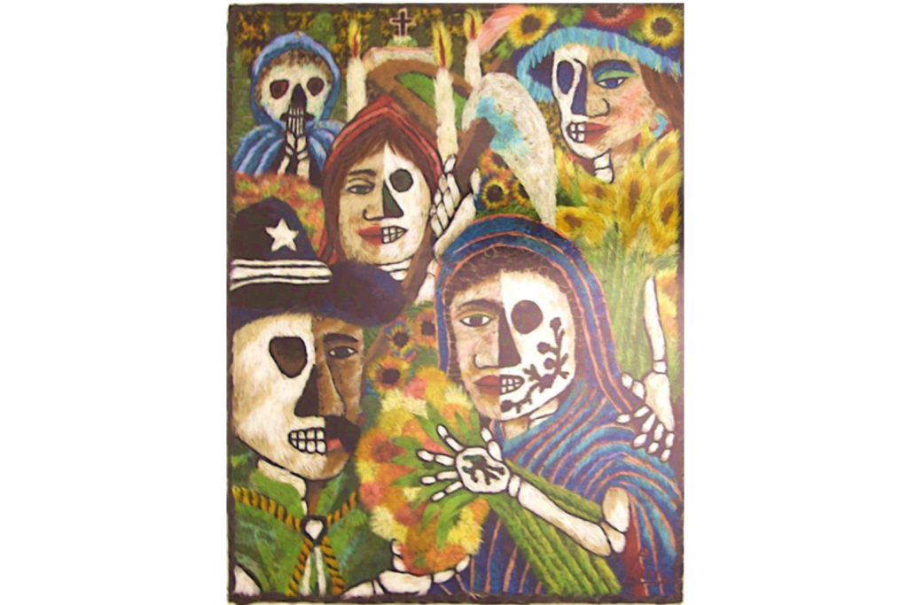 Luis Guillermo Olay Barrientos, Dualidad. Mosaico de pluma. Mexico, Tlalpujahua (Michoacán), 2015. MAP, Col AAMAP. Luis Guillermo Olay Barrientos nació en la Ciudad de México en 1954, pero decidió establecerse, al igual que su padre, el famoso amanteca Gabriel Olay Olay, en Tlalpujahua (Michoacán). Al arte de trabajar la pluma, practicado en su familia desde 1870 y por al menos cuatro generaciones, le sumó el arte, muy cercano a este, del mosaico de paja, que le enseñó su tío, Florencio Olay López. Su obra ha recibido múltiples premios.
